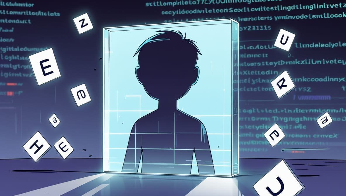 What Is Invisible Character: A silhouette of a child is encased in a digital display surrounded by floating letters and symbols, set against a backdrop of computer code, conveying a futuristic, tech-driven atmosphere.