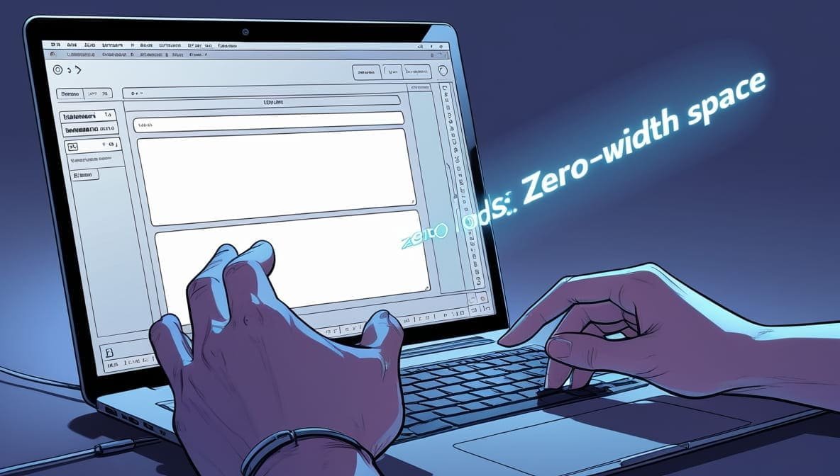 What Is Invisible Character: Two hands type on a laptop, displaying a text editor. Glowing text reads "Zero-width space," suggesting hidden characters. The scene, in blue tones, feels technological.