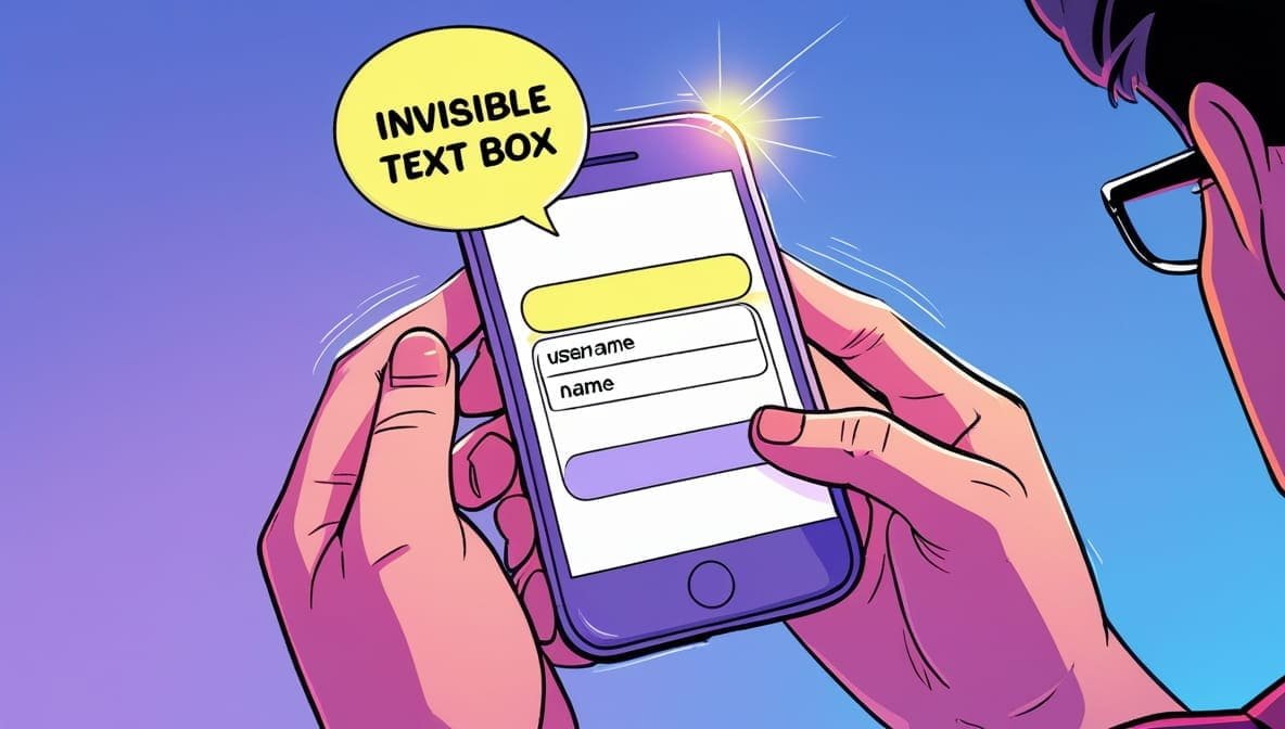 What Is Invisible Character: A person holds a smartphone displaying a form with fields labeled "username" and "name" against a gradient blue-purple background. A speech bubble reads "Invisible text box."