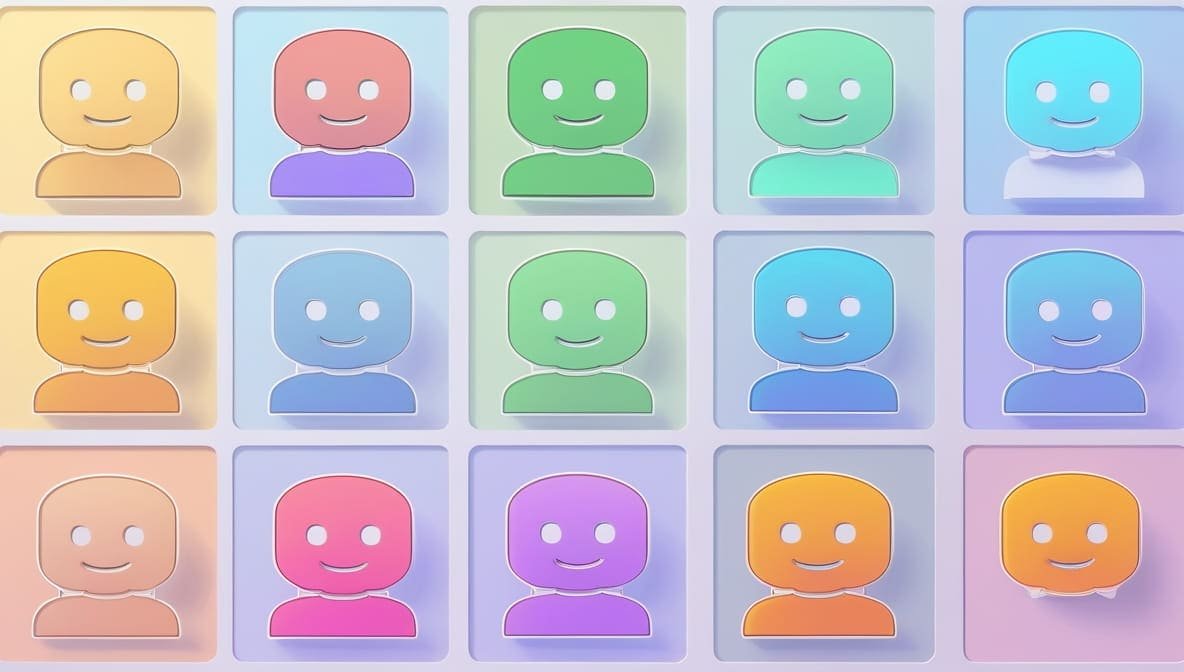 What Is Invisible Character: Colorful grid of smiling, faceless avatars in pastel tones of orange, blue, green, and purple. Each avatar is set in its own square, conveying a friendly tone.