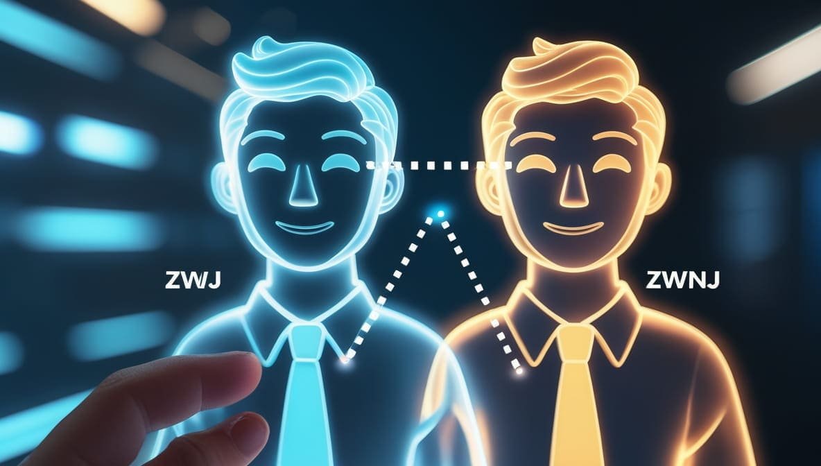 What Is Invisible Character: A glowing illustration of two identical, smiling figures in neon colors, labeled ZWJ and ZWNJ. A hand reaches toward the figures, set against a tech-like background.