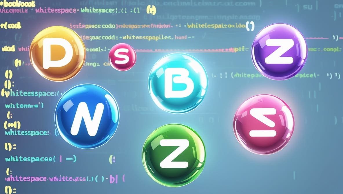 What Is Invisible Character: Colorful, glossy spheres with letters D, S, B, N, Z, A float over a background of code snippets, creating a playful, tech-themed atmosphere.