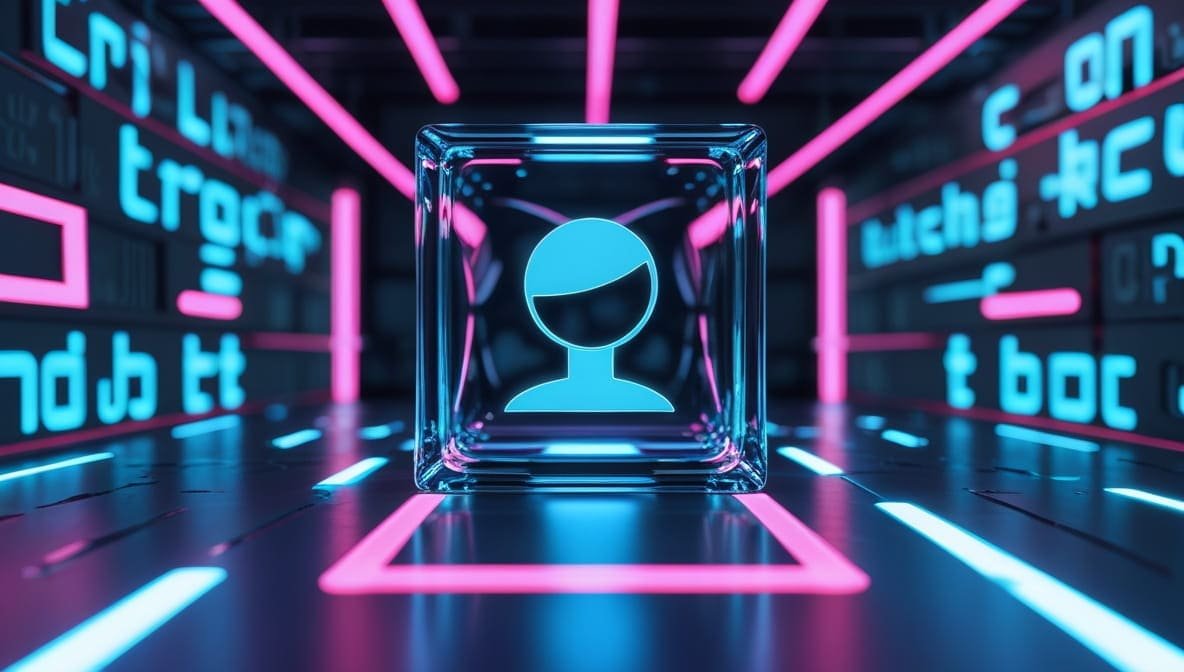 What Is Invisible Character: Futuristic digital scene with a neon blue user icon in a glass cube, surrounded by glowing pink and blue text. High-tech, cyberpunk vibe.