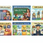 Illustrated educational panels explain converting CGPA to percentages. Features characters using formulas, ladders for scales, and highlighting common mistakes. Tone: instructional, helpful.