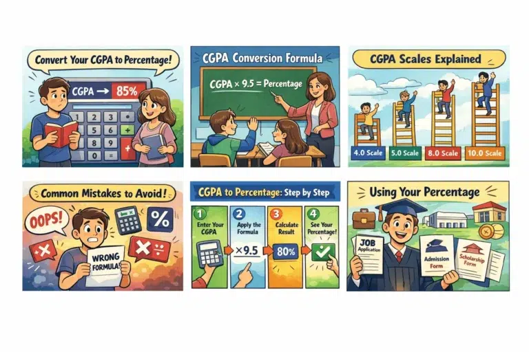 Illustrated educational panels explain converting CGPA to percentages. Features characters using formulas, ladders for scales, and highlighting common mistakes. Tone: instructional, helpful.