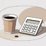 Starbucks Calorie Calculator Illustration of a disposable coffee cup and a calculator on a table. The scene conveys simplicity with neutral tones and soft shadows.