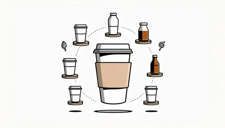 Starbucks Calorie Calculator Starbucks Calorie Calculator Illustration of a central coffee cup with a sleeve, surrounded by ingredients like milk, syrup, and small coffee cups. Dashed lines connect the elements.
