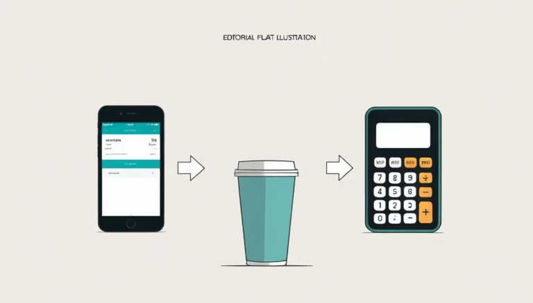 Starbucks Calorie Calculator Starbucks Calorie Calculator "Editorial flat illustration showing a phone app, takeaway coffee cup, and calculator, connected by arrows, suggesting financial management."