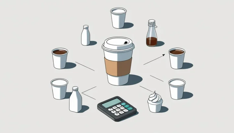 Starbucks Calorie Calculator Starbucks Calorie Calculator Illustration of a large coffee cup with a lid, surrounded by smaller cups, bottles of milk, syrup, cream, and a calculator, depicting coffee ingredients and cost calculation.