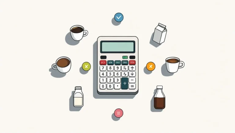 Starbucks Calorie Calculator Starbucks Calorie Calculator Illustration of a calculator surrounded by three cups of coffee and various dairy containers, with colorful check marks and circles, evoking a playful tone.