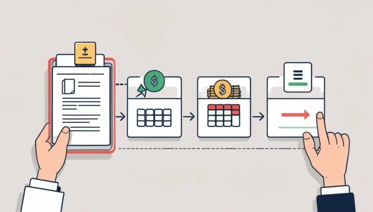 Illustration of hands interacting with a step-by-step workflow. It includes clipboards, charts with dollar signs, coins, and an arrow. Represents financial processes.