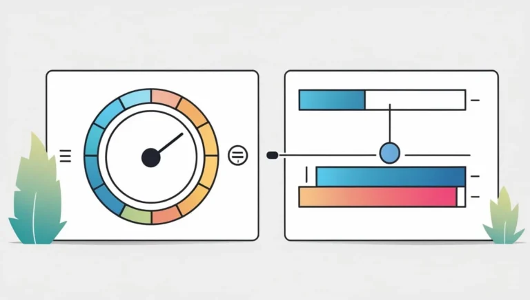 Illustration of two data widgets; a colorful circular gauge on the left and two horizontal bar charts on the right, surrounded by minimalist plants.