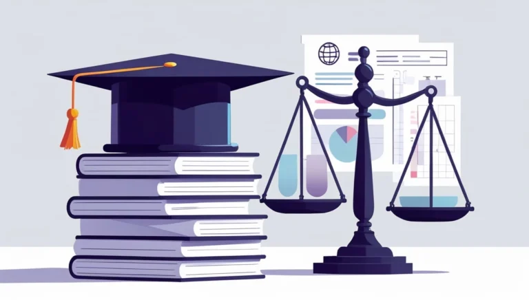 A graduation cap sits on a stack of books beside balanced scales. In the background, charts symbolize education's link to justice. The tone is scholarly and thematic.