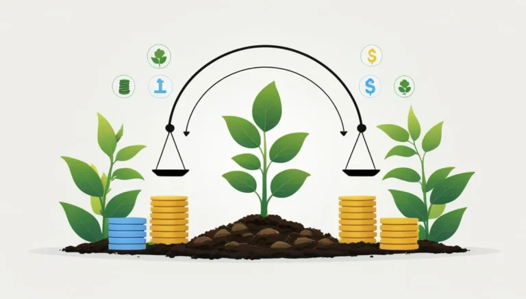 Grow a Garden Calculator Illustration of three plants growing from soil, surrounded by coin stacks and financial icons. A scale balances above them, symbolizing financial growth.