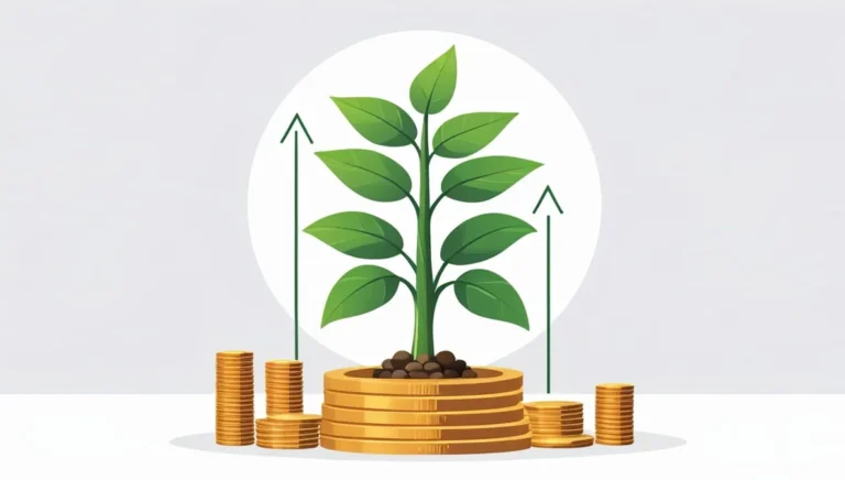 Grow a Garden Calculator Illustration of a green plant growing from a stack of gold coins, surrounded by arrows pointing upward. Represents financial growth and prosperity.