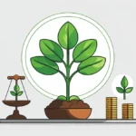 Grow a Garden Calculator Illustration of a plant growing in a pot, surrounded by a balance scale with a plant and stacked coins. Symbolizes growth and financial balance.