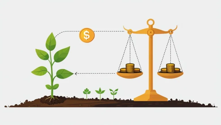 Grow a Garden Calculator A balance scale with stacks of gold coins on one side and green plants growing from soil on the other, symbolizing investment growth. Tone is optimistic and financial.
