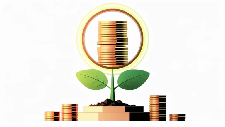 Grow a Garden Calculator Illustration of a plant with coin stacks as flowers, symbolizing financial growth. Green leaves on a stem rise from soil, surrounded by various coin piles.