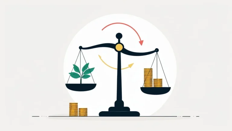 Grow a Garden Calculator Illustration of a balance scale with plants on the left and stacked coins on the right. The scale tilts towards the coins, symbolizing economic versus environmental balance.