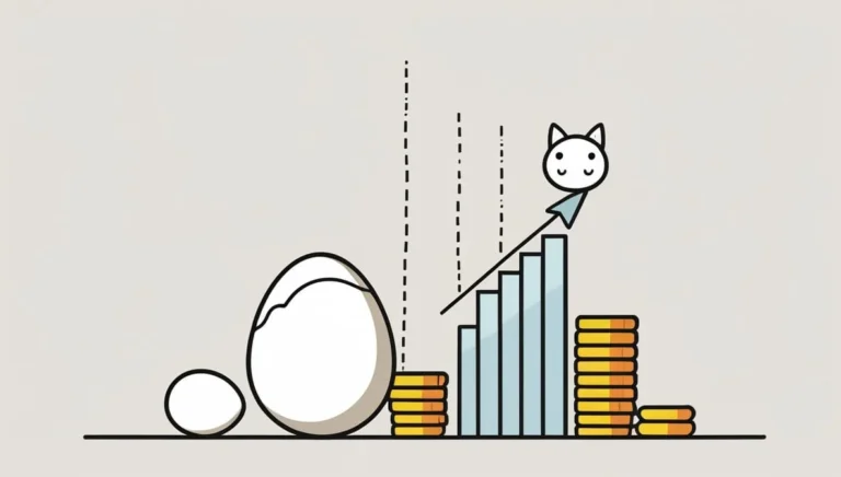 Grow a Garden Calculator Illustration of two eggs, gold coin stacks, and a cat head on an upward arrow climbing bar graphs, symbolizing growth and prosperity.