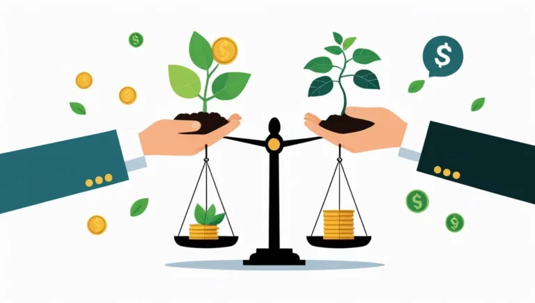 Grow a Garden Calculator Illustration of two hands holding plants sprouting from coins, balanced on scales. Surrounding coins and dollar symbols suggest financial growth.