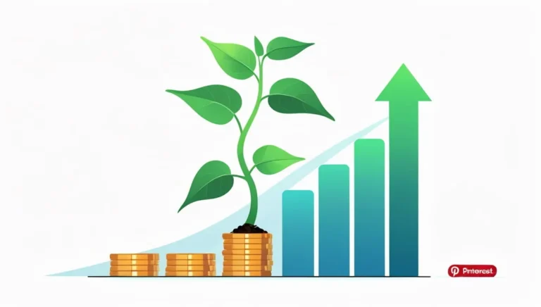 Grow a Garden Calculator Illustration of a green plant growing from stacks of coins, set against an upward-trending bar graph, symbolizing financial growth and investment success.