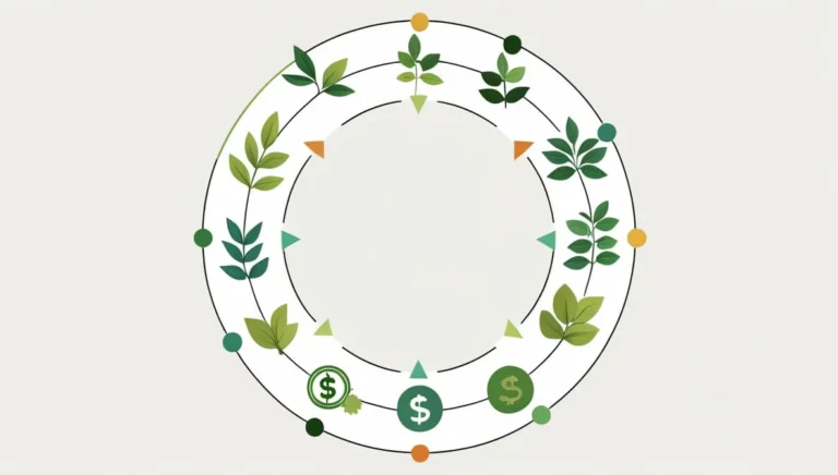 Grow a Garden Calculator Circular diagram with green leaves and arrows on a white background, symbolizing sustainability. Includes currency symbols on three green circles.