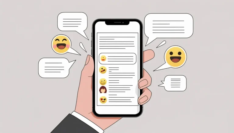 TikTok Comment Generator TikTok Comment Generator A hand holding a smartphone displays a messaging app with various smiling emojis. Speech bubbles around the phone convey positive and happy interactions.