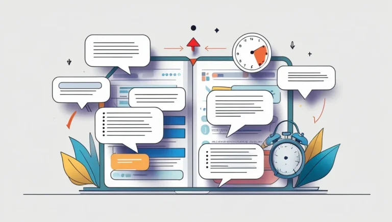 TikTok Comment Generator TikTok Comment Generator Open notebook with speech bubbles and a clock, symbolizing communication and time management. Surrounded by colorful leaves, conveying a creative, dynamic tone.