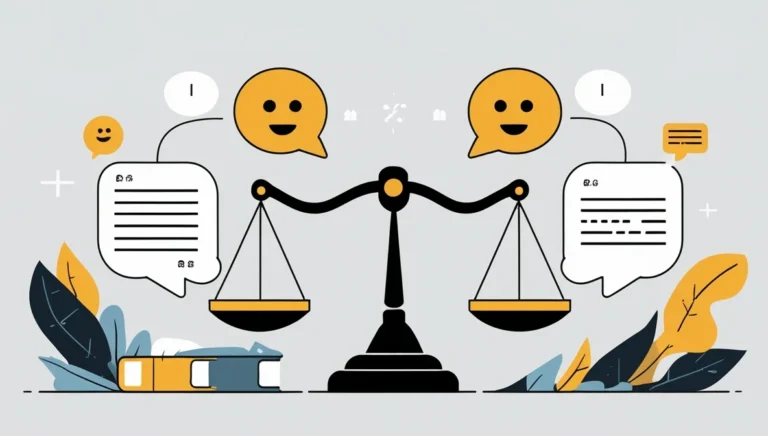 TikTok Comment Generator TikTok Comment Generator Illustration of scales balancing between two speech bubbles, each with a smiling face. Books and leaves decorate the sides, symbolizing communication and harmony.