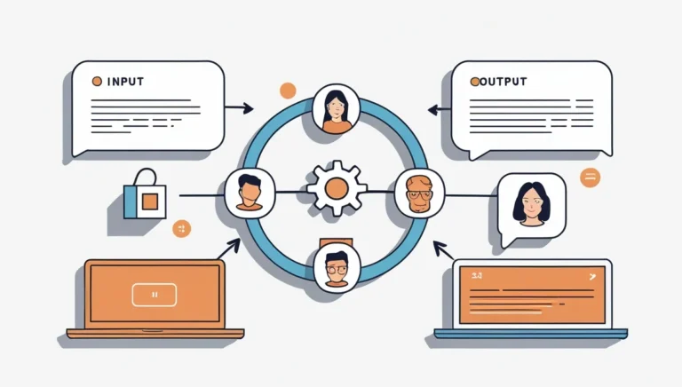 TikTok Comment Generator TikTok Comment Generator Diagram of a process flow: input and output text boxes connect via a central gear surrounded by diverse illustrated faces. Laptops depict collaboration.