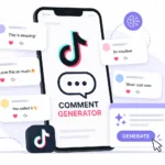 TikTok Comment Generator Illustration of a smartphone with a TikTok logo, labeled "Comment Generator." Surrounding it are positive feedback messages, showcasing excitement and creativity.