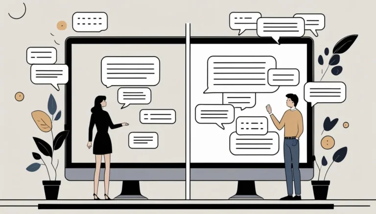 TikTok Comment Generator TikTok Comment Generator Illustration of two people standing on either side of a large split computer screen, exchanging text messages. Leaves and speech bubbles surround them.