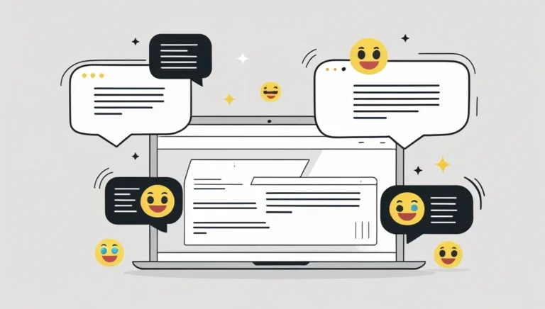 TikTok Comment Generator TikTok Comment Generator Illustration of a laptop with several chat bubbles and smiling emojis around it, conveying a lively and cheerful online conversation atmosphere.