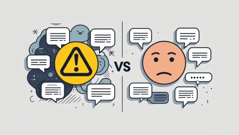 TikTok Comment Generator TikTok Comment Generator Illustration showing chaotic speech bubbles with an exclamation mark versus organized bubbles around an unhappy face, symbolizing confusion versus clarity.