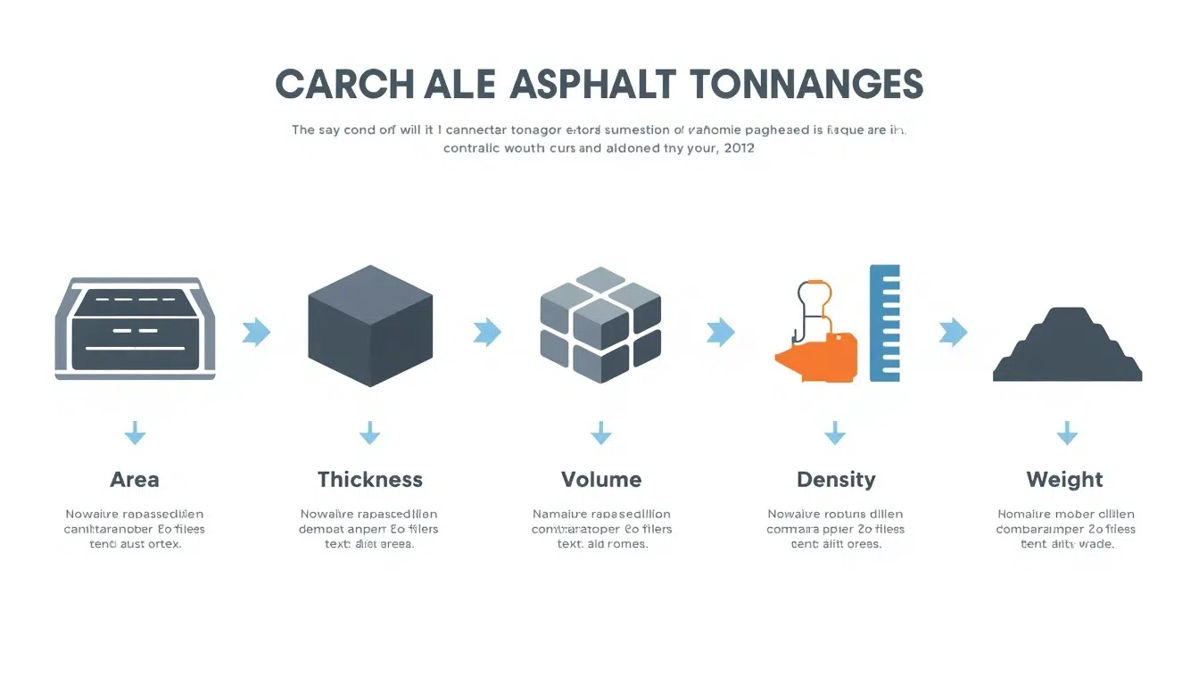 Visual process showing how asphalt area and thickness are converted into volume weight and tons